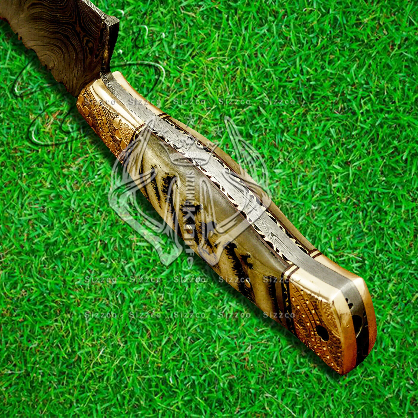 High Quality Custom Damascus Steel Kitchen Chef Knife Handle Ram Horn, Engraved Brass, Leather Sheath Top Rated Selling item