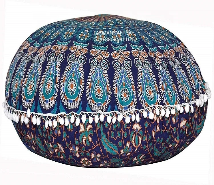 Multi Colours Cotton Printed Round Poufs Cushions/Ottomans For Living Room Decor Wholesale Supplier From India
