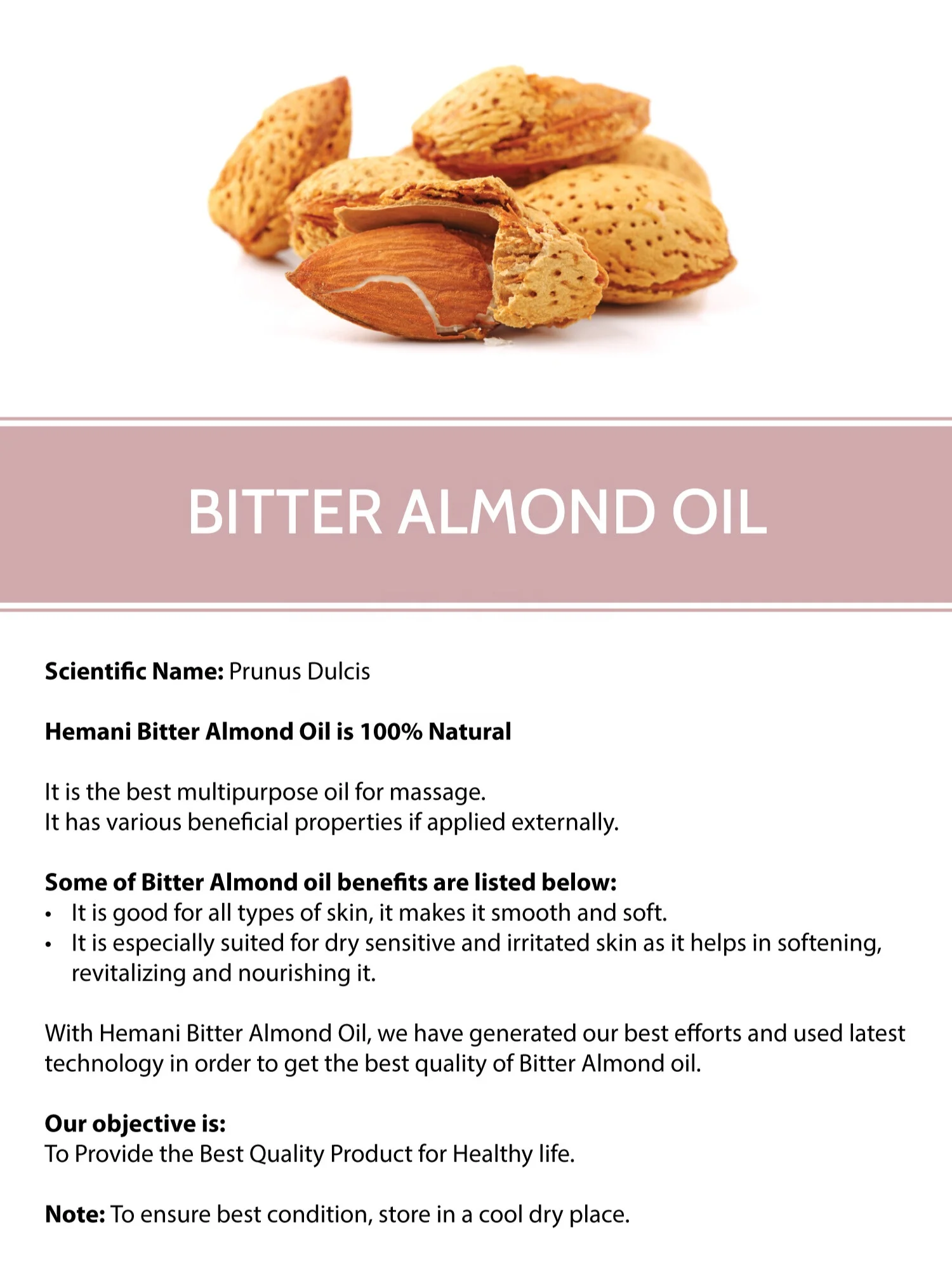100% Pure & Organic Cold Pressed Hemani BITTER ALMOND OIL, Hair Face Body Skin Cosmetics, Sizes - 30ml 100ml 500ml 1 Liter Bulk