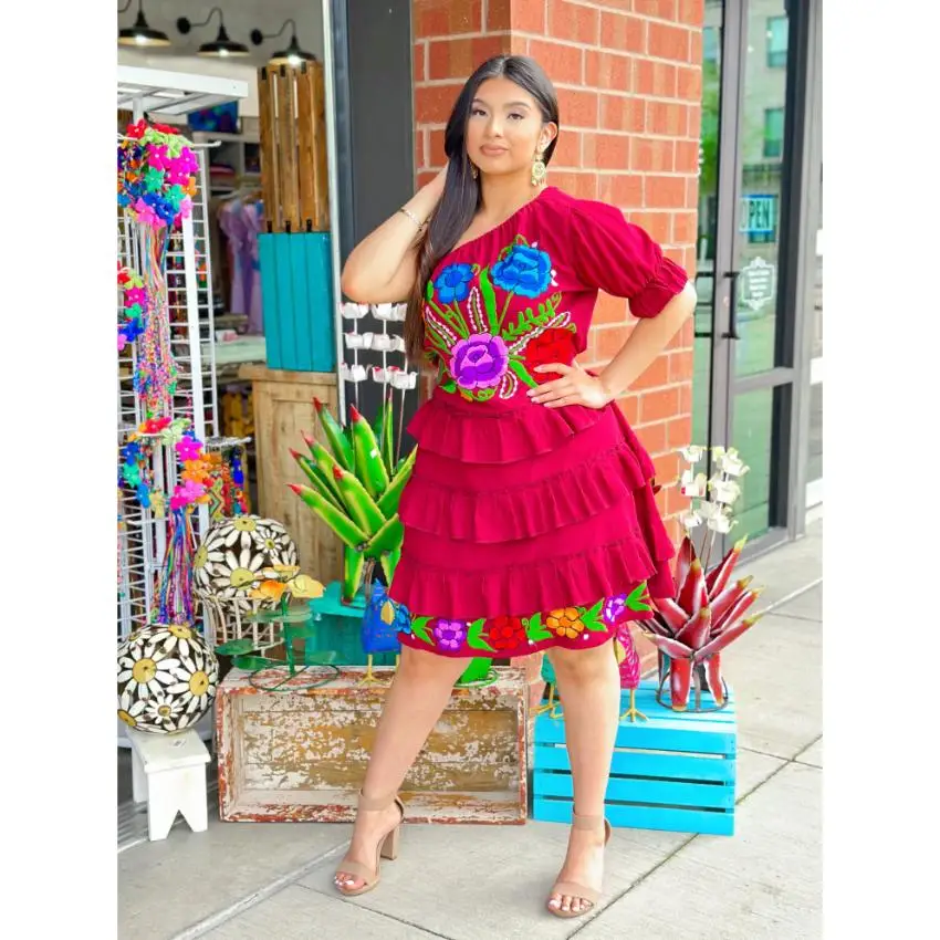 Luxurious Floral Mexican Embroidered Work Boho Lady Resort Evening Red Gown Bohemian Style Mexican One Shoulder Short Dresses