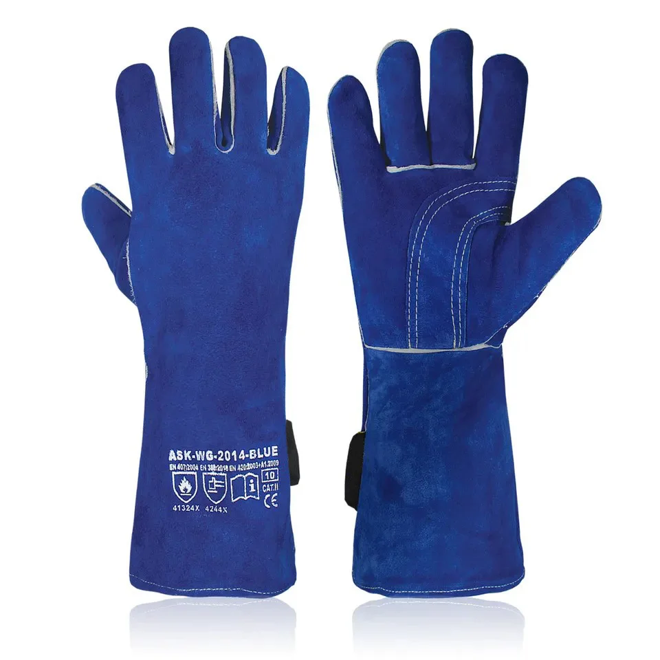 Hot Selling Insulation Protective Cut Proof PPE OEM Cut-Resistance Fire Resistant Blue Men Leather Welding Gloves Safety Gloves