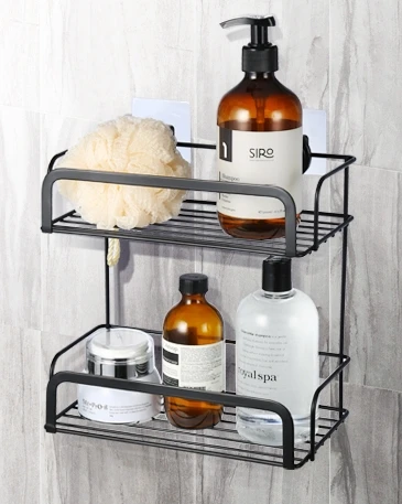Luna Wall Mounted  Bathroom Adhesive Black Metal Organizer 2 Tier Shower Caddy Shelf
