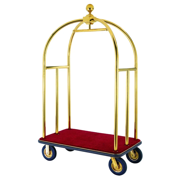 Wholesale Luxury Hotel Stainless Steel Birdcage Luggage Trolley Four Wheels Golden Luggage Cart Trolley