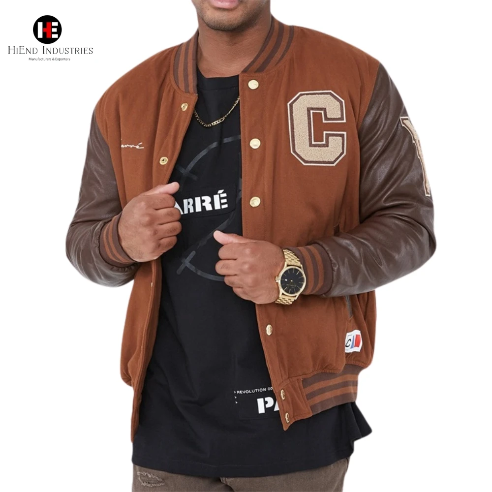 OEM Custom Leather Sleeved Varsity Jacket Embroidered Logo Classic Letterman Bomber Design Front Slash Pockets for Men