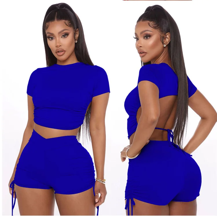 Women Short Sleeve T Shirts and Pants 2 Piece Outfit Set Drawstring Solid Sports Sets