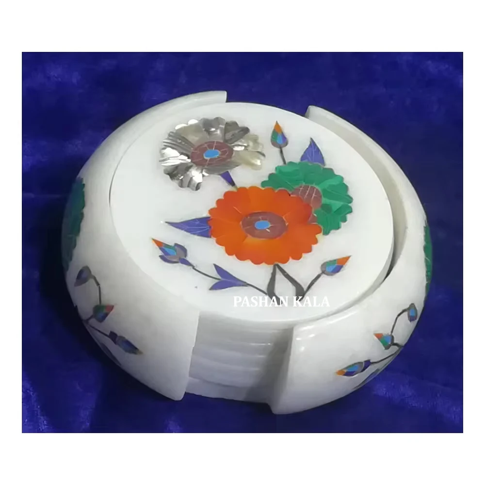 Unique Design Pure White Marble Round Shape Inlay Tea Coaster Set For Home And Hotel Decoration Purpose In Best Cheap Price