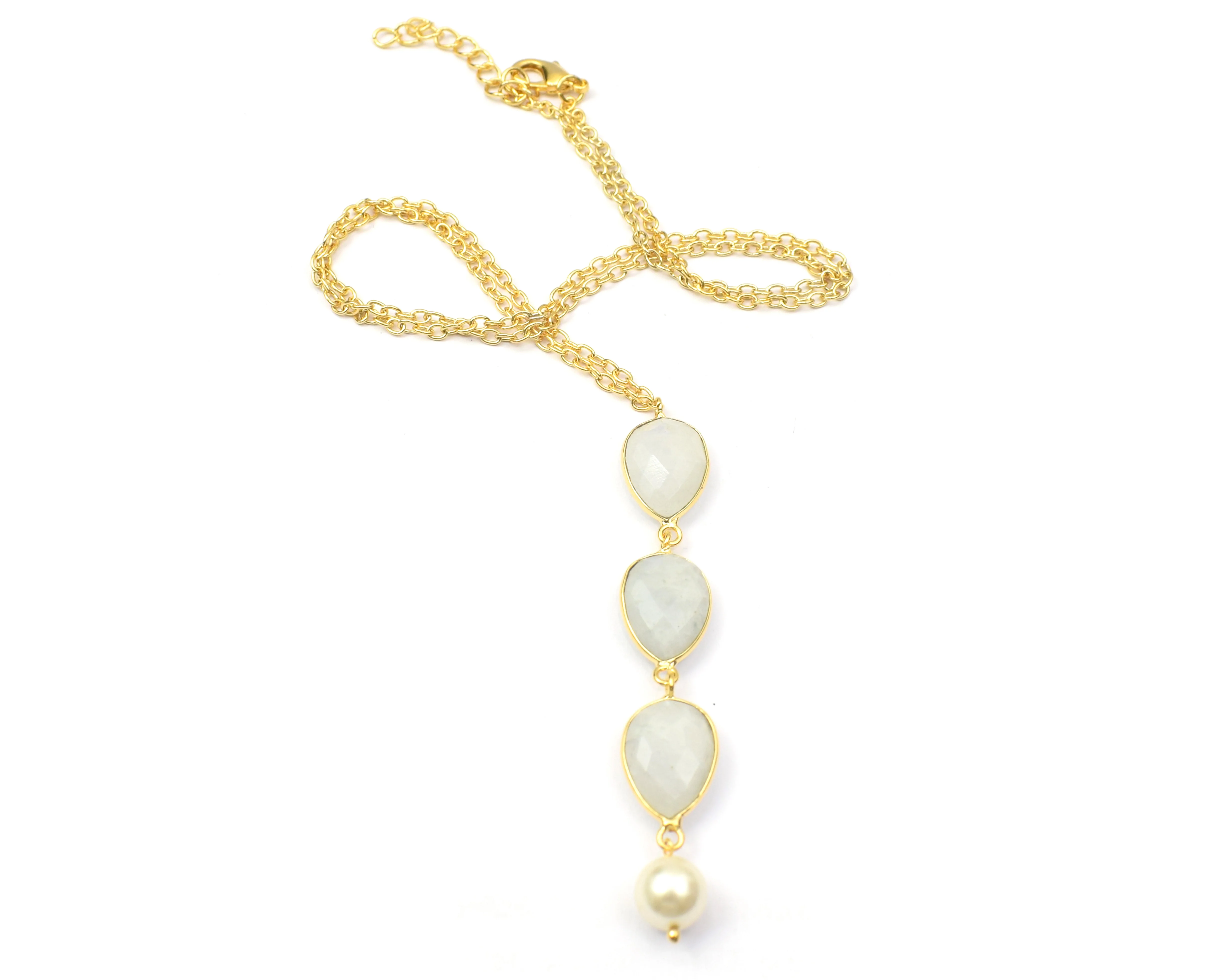 Natural White Rainbow Moonstone Gemstone With 18K Gold Plated Handmade Shell Pearl Pendant Necklace Gift For Her