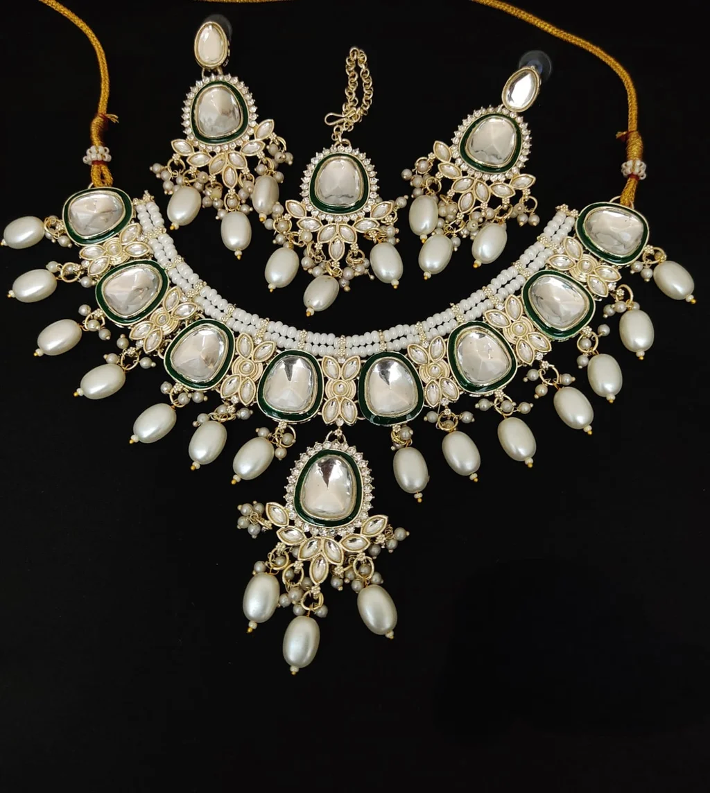 Designer Antique Polish Patwa Necklace Set With Maang Tikka for Girls & Women