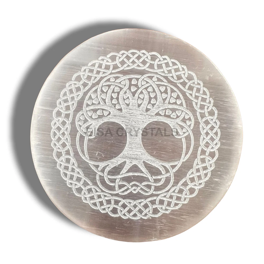 Wholesale Carved Natural Selenite Crystal Charging Plate India Sacred Geometry Energy Power Grid Pendulum Pattern Agate Type