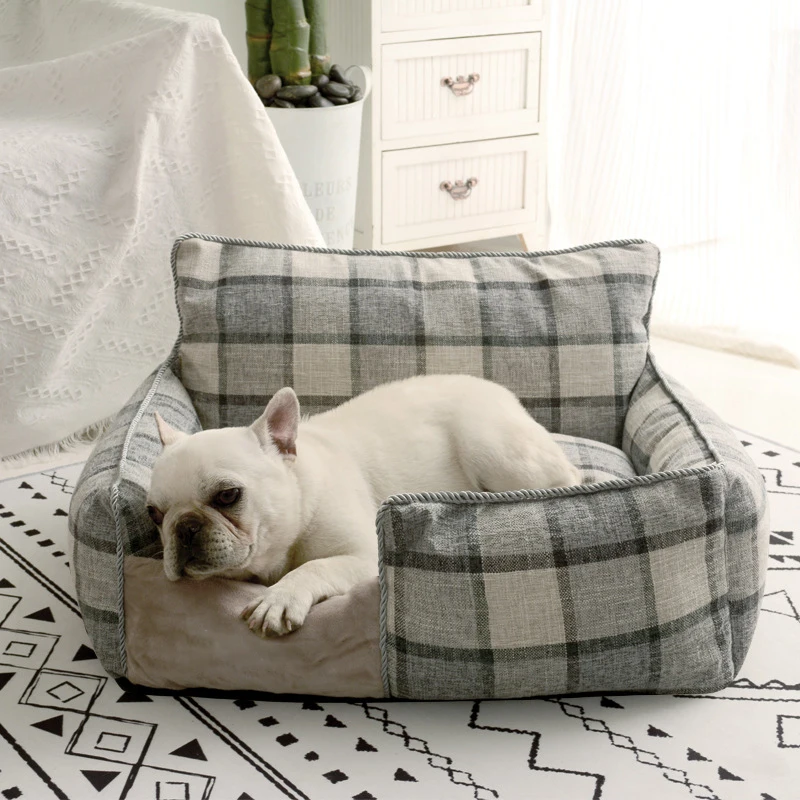 Eco friendly plaid popular wholesale foldable cotton indoor small dog beds cat sleeping a bed for pets