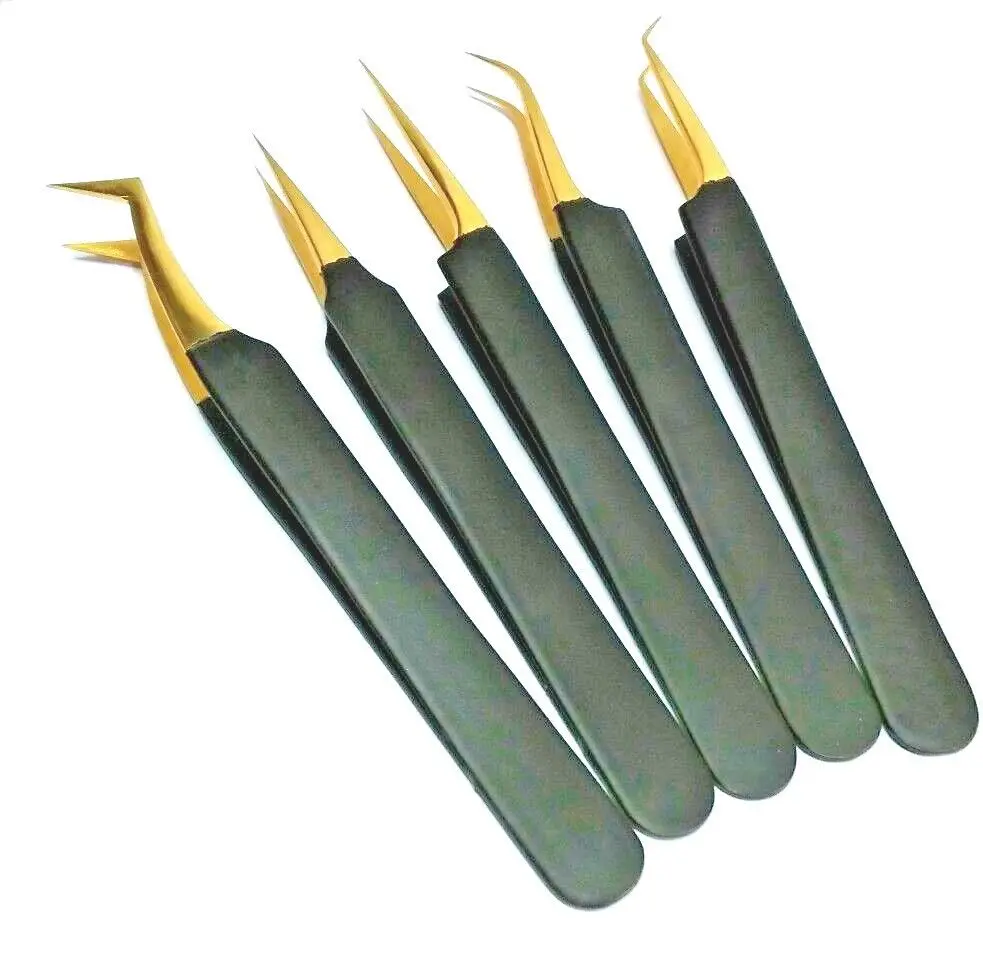 professional Eyebrow Tweezers Kits Green Handle Grip With Leather Pouch Manicure Beauty Eyebrow Tweezers