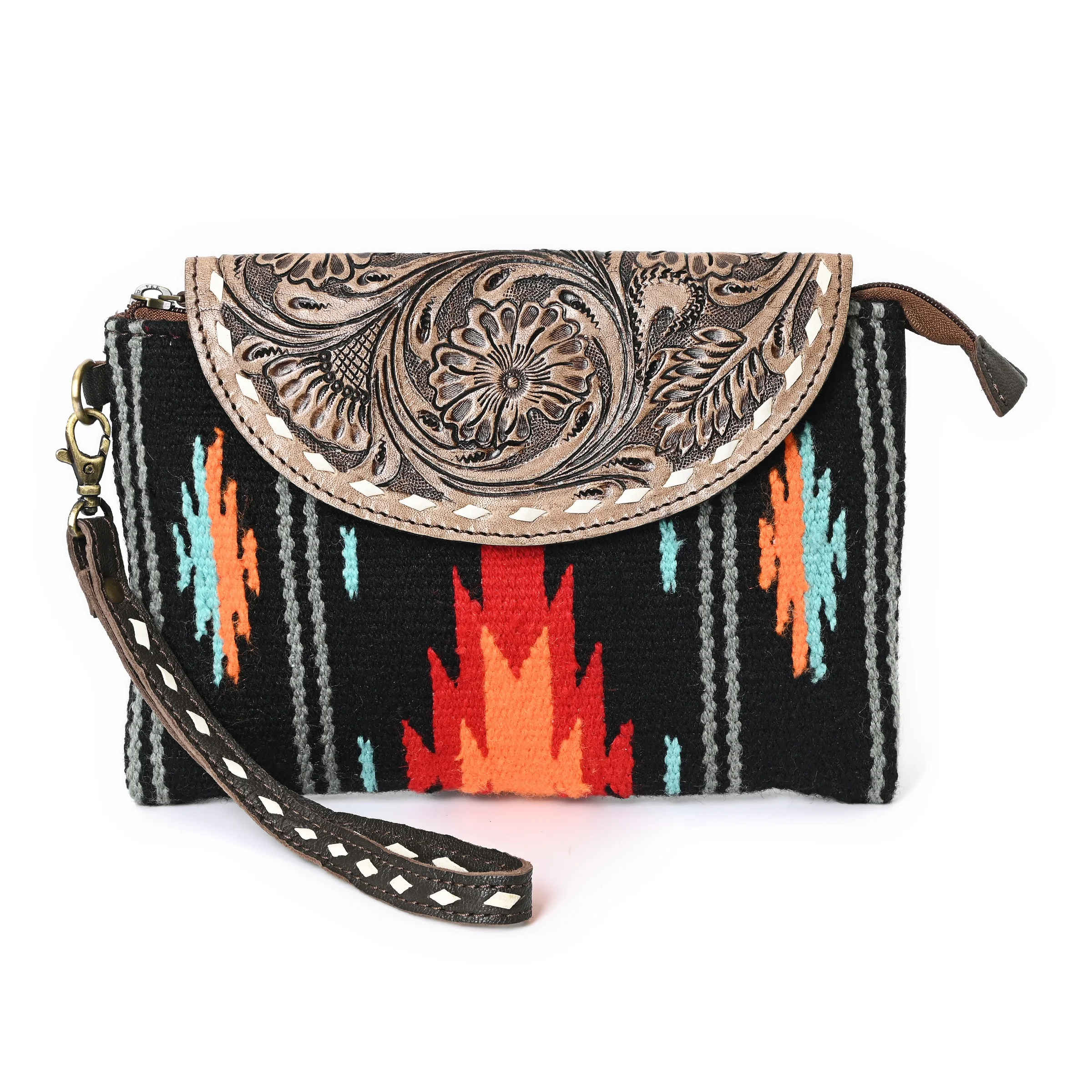 Western Cowgirl handbags & Accessories Handmade Trending Woolen Saddle Blanket Ladies Hand Clutch Bag with Cowhide Fringes