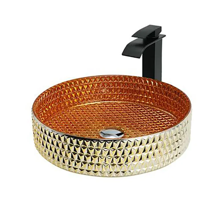 Wholesale Sanitary Ware Diamond Design Round Bathroom Sink Lavabo Table Colorful Crystal Glass Wash Basin