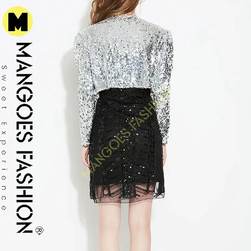 Sequins Jacket Women Luxury Party Evening Dress Nightclub Outfits Music Festival Rave Top Long Sleeve Short Coat Silver