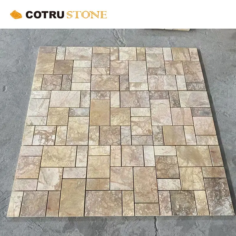 China Gold Colour Natural Limestone Verseille French Pattern Mosaic Tile Indoor Wall Floor Paver Honed Tiles