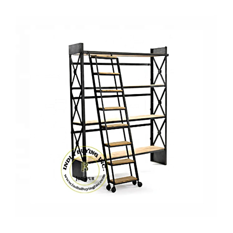 Morden design Multi-layers industrial wooden iron display bookcase bookshelf with ladder Direct from manufacturer