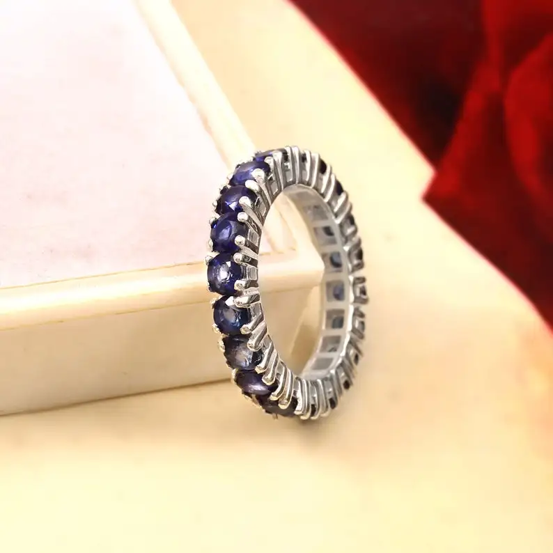 Blue Sapphire Eternity Wedding Band For Women Round Cut Blue Sapphire Engagement Band Ring size 6.5 US Promise Ring