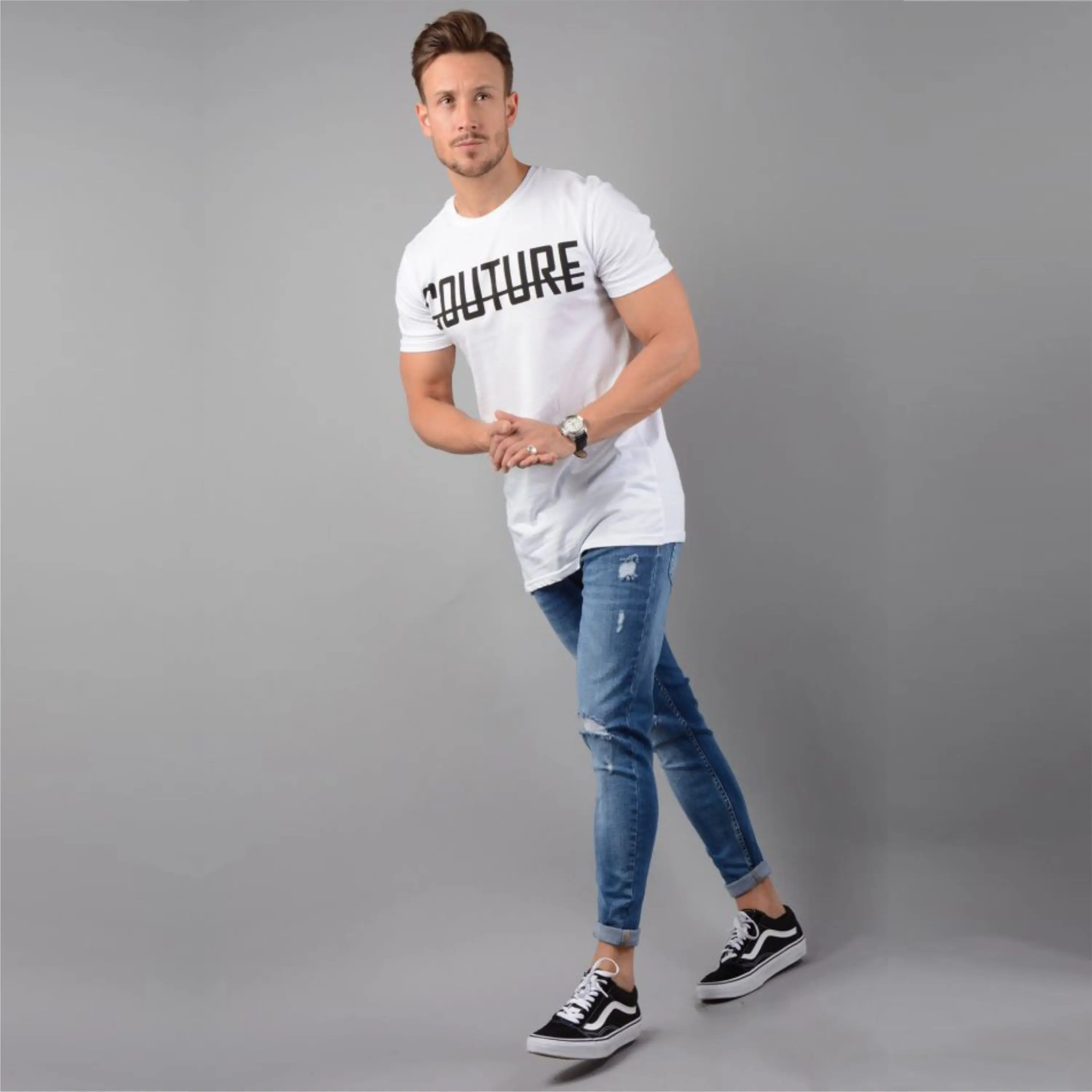 100% Fine Ring Spun Combed Cotton OPtech 200 gsm Single Jersey Slim Fit Short Sleeves White Mens Longline T-Shirt