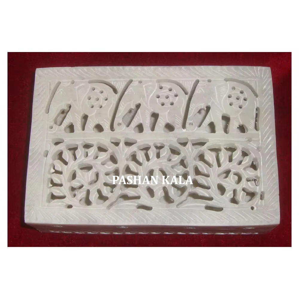 Amazing Top Quality Elephant Design Natural Soapstone Carved Jewelry Box Made By indian designer Rectangle Natural Soapstone Box