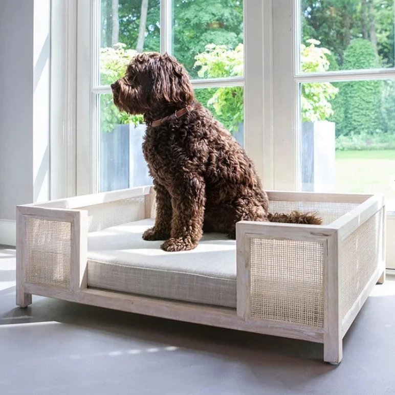 Hot Sale Factory Direct Price Wooden Dog Bed with Rattan Luxury Good Quality OEM Accepted Custom Logo from Vietnam Manufacturer