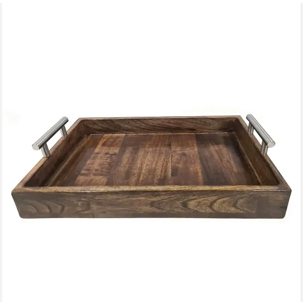 Indian Artisan Crafted Large Mango Wood Serving Tray with Modern Metallic Chrome Handle For Serving and Organizing Households