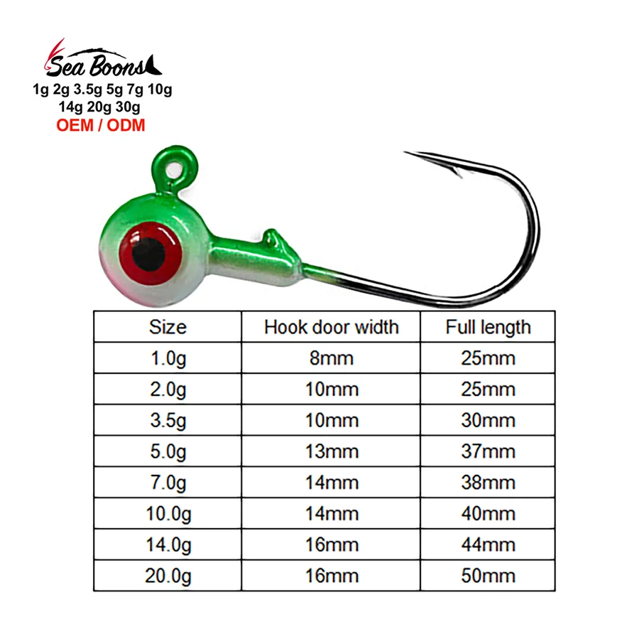 Wholesale Price 1g 2g 3.5g 5g 7g 10g 14g 20g 30G Colorful Jig Heads Fishing Hooks Worm Hook for Soft Lure