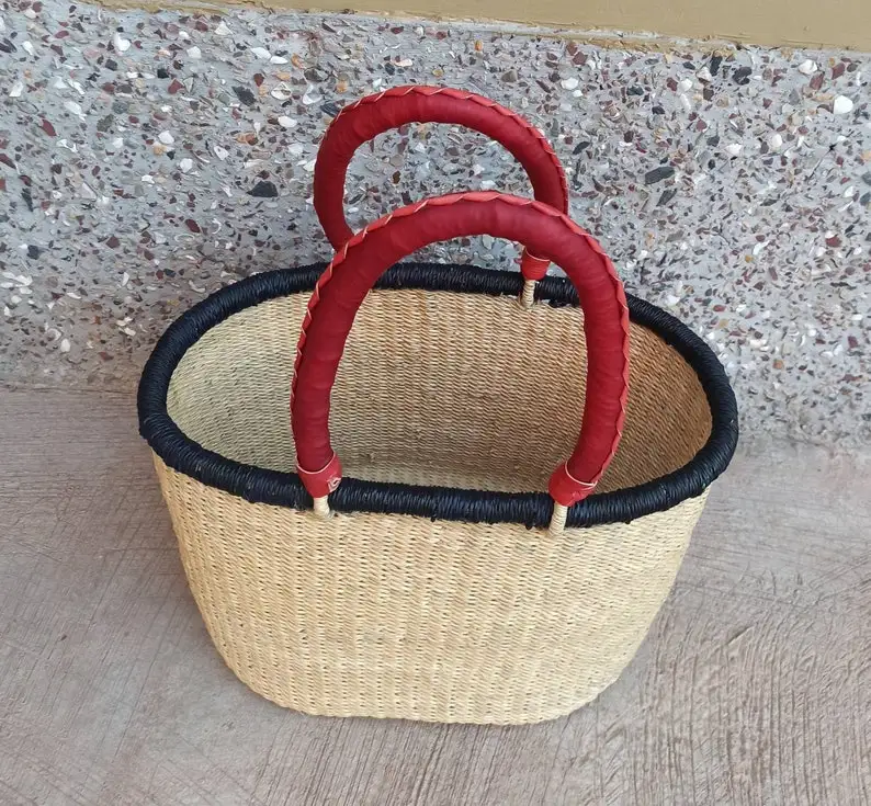 African Bolga Woven Market Basket, Large Storage Basket, Straw Bag