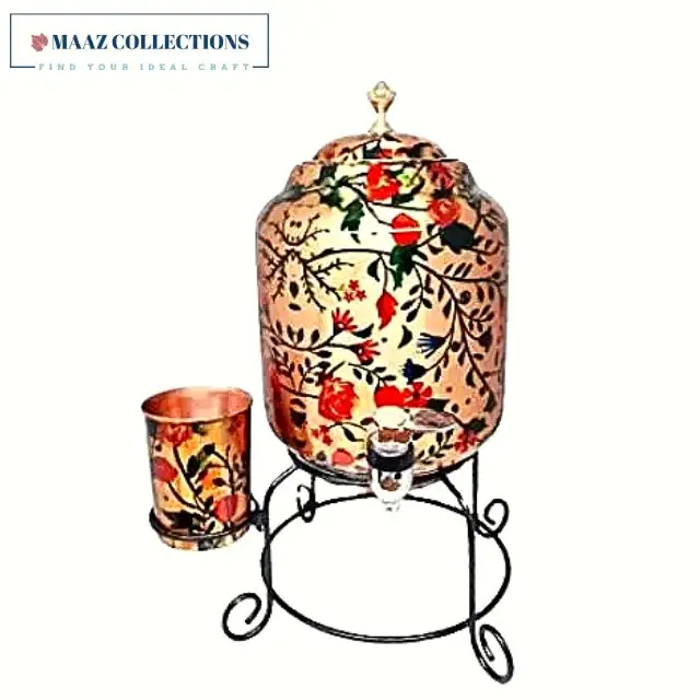 Handmade 5 and 3 liter enable printed copper water Dispenser pot with stand usage of store water healthy and pure