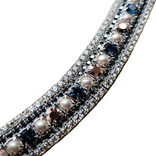Luxury Crystal Brow Band Pearl Rose Gold 5 Row Multicolor Crystals Stones Black Leather Horse All Size
