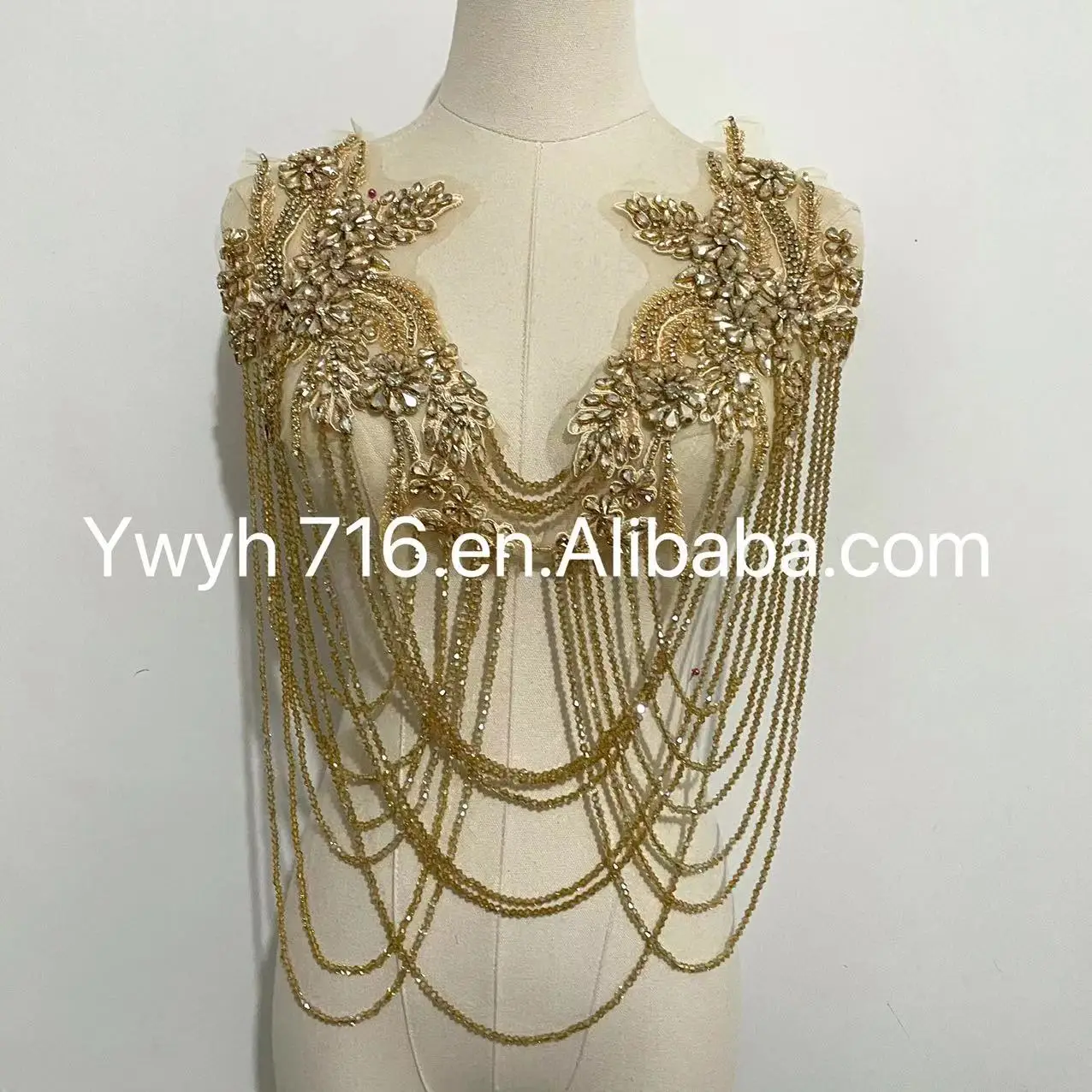 Exquisite Gold Rhinestone Big Bodice Applique, Front/ back V collar body covered encrusted crystal beaded lace patches