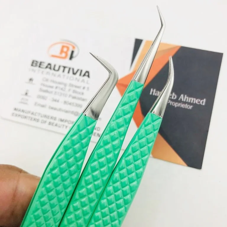 Light Green Color Coated Stainless Steel Eyelash Extension Tweezers With Private Logo