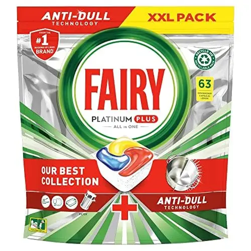 Fairy Platinum Plus All-In-One Lemon Scented Dishwasher Tablets 63 Tablets Convenient All-In-One Dishwashing Powders