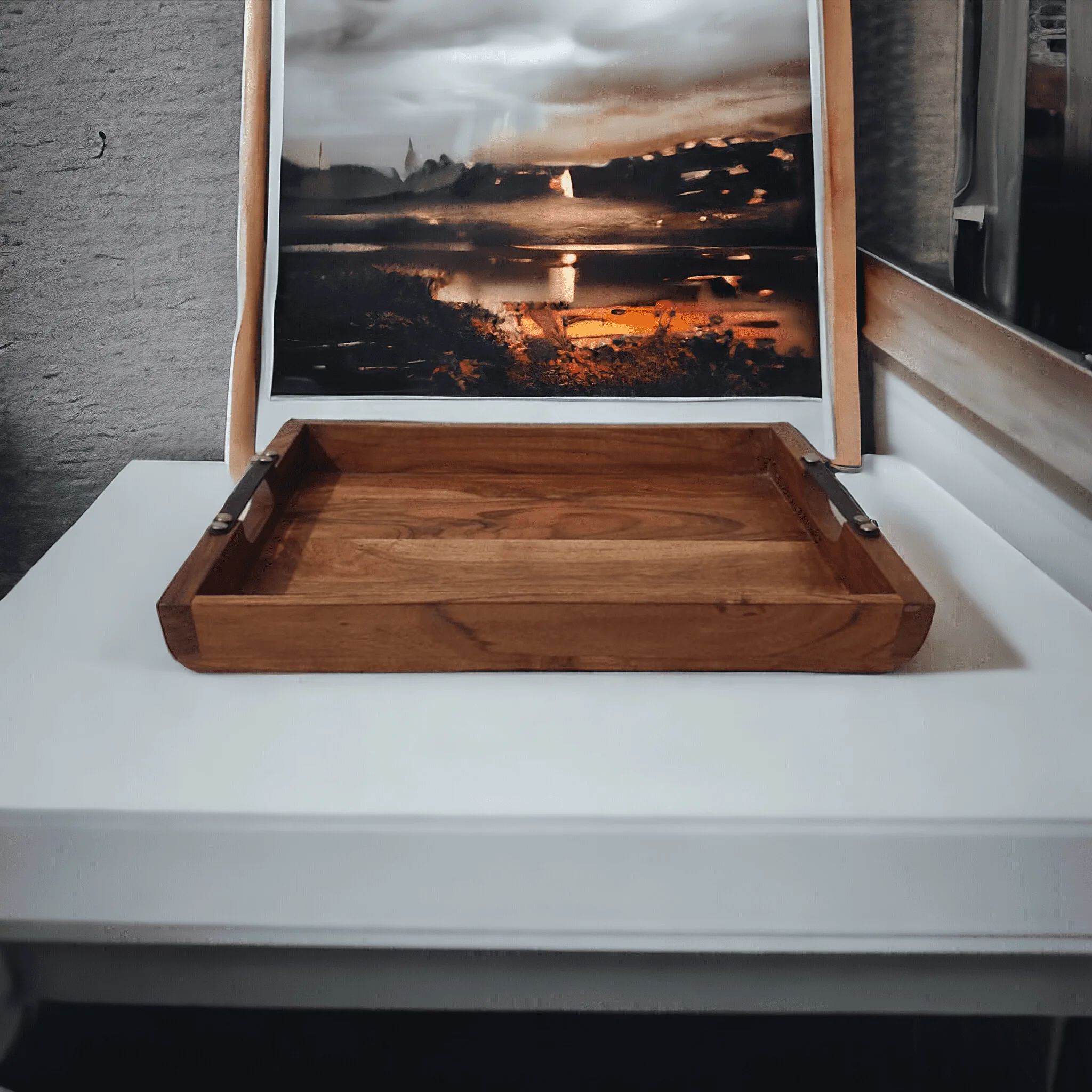 Mineral Oil Stained Acacia wood Serving Tray with Leather handles Hand-Crafted by Indian Artisan for Holiday Christmas & wedding