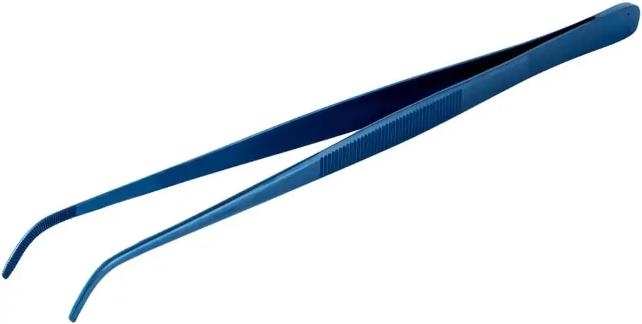 Perfect Point 9.4 Inch Curved Tweezer, 1 Short Slant Nose Food Tweezer - Serrated Tips Blue - Stainless Steel Kitchen Tweezer