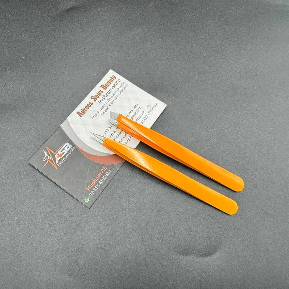 Orange Color Eyebrow Tweezers Custom Logo Sustainable Steel Slanted Pointed Tips Brow Tweezer With Brow Eyelash Spring Scissor