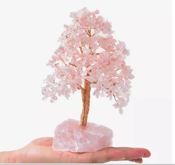 Rose Quartz 300 CHIPS Bonsai Tree with Rose Quartz Base  - Rose Quartz tree , coper wired tree , rose quartz rough base tree