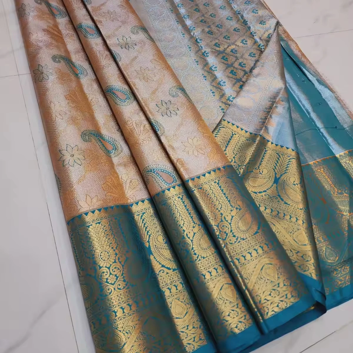 100% kanchipuram semi pure pattu tissue type Silk Saree Copper Gold Thread Weaving Party Wear Traditional Saree