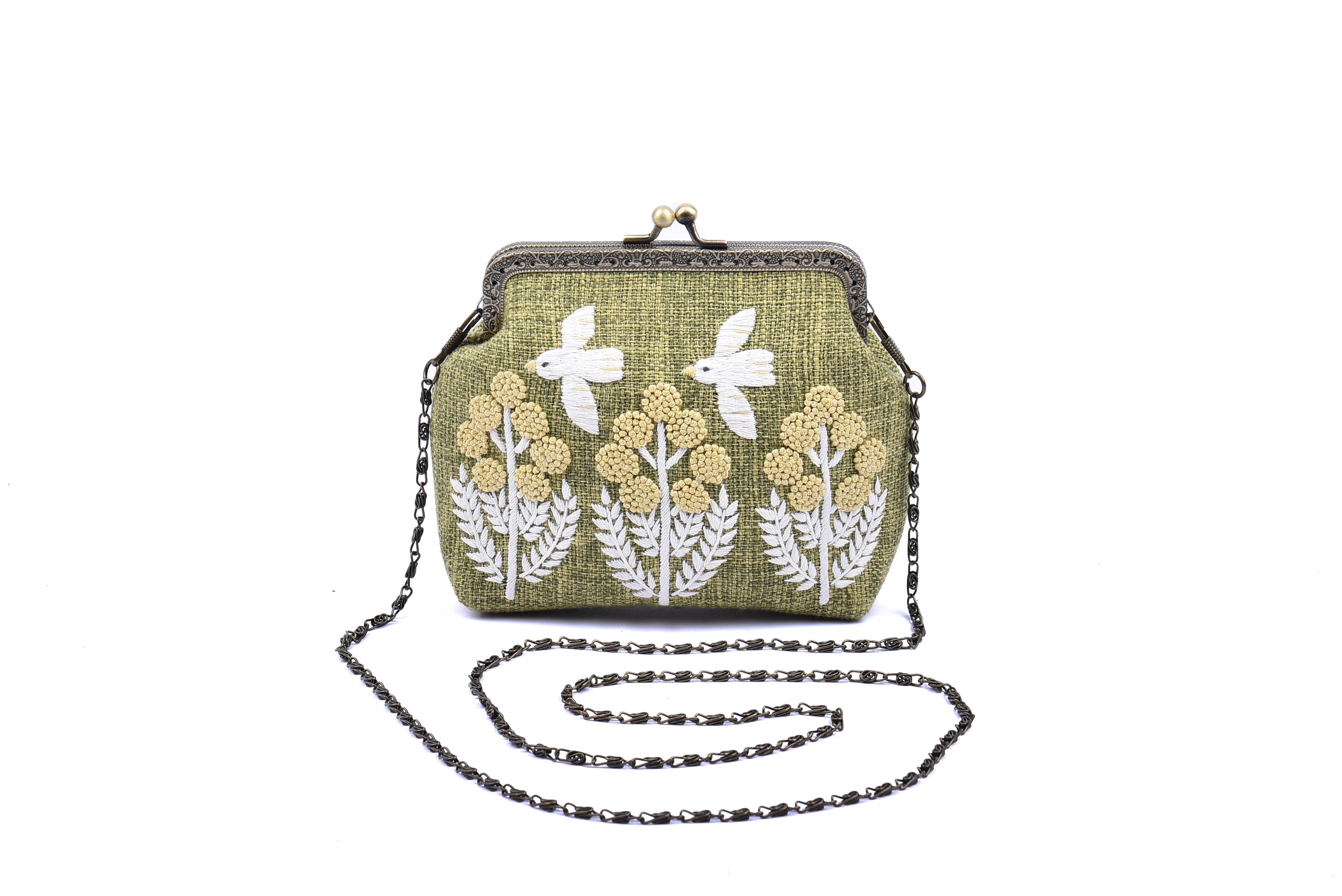 Small Hemp Bag with Copper Binding Straight Hand Strap Sequin and Glass Bead 3 Branches 2 Birds Embroidery Chain Shoulder Strap