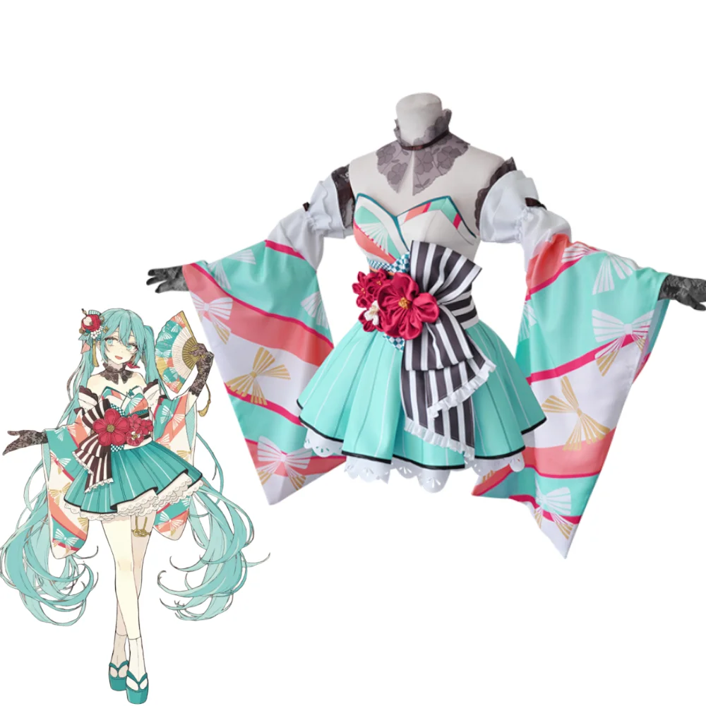 Популярное японское аниме Vocaloid Косплей Miku зеленое милое кимоно с длинным рукавом платья костюмы