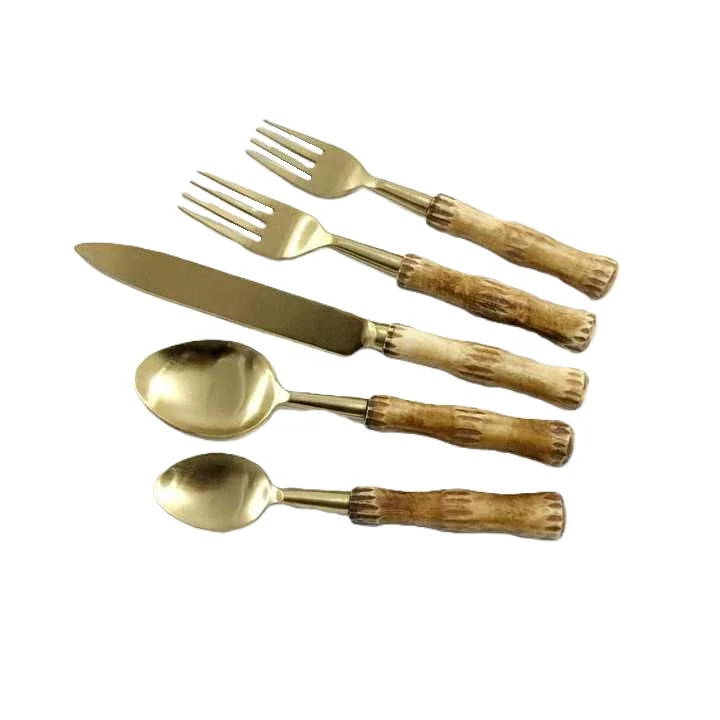 Golden Cutlery Set with Wooden Handle Grip Spoons Forks Set Round Slaty Wood By United Handicrafts