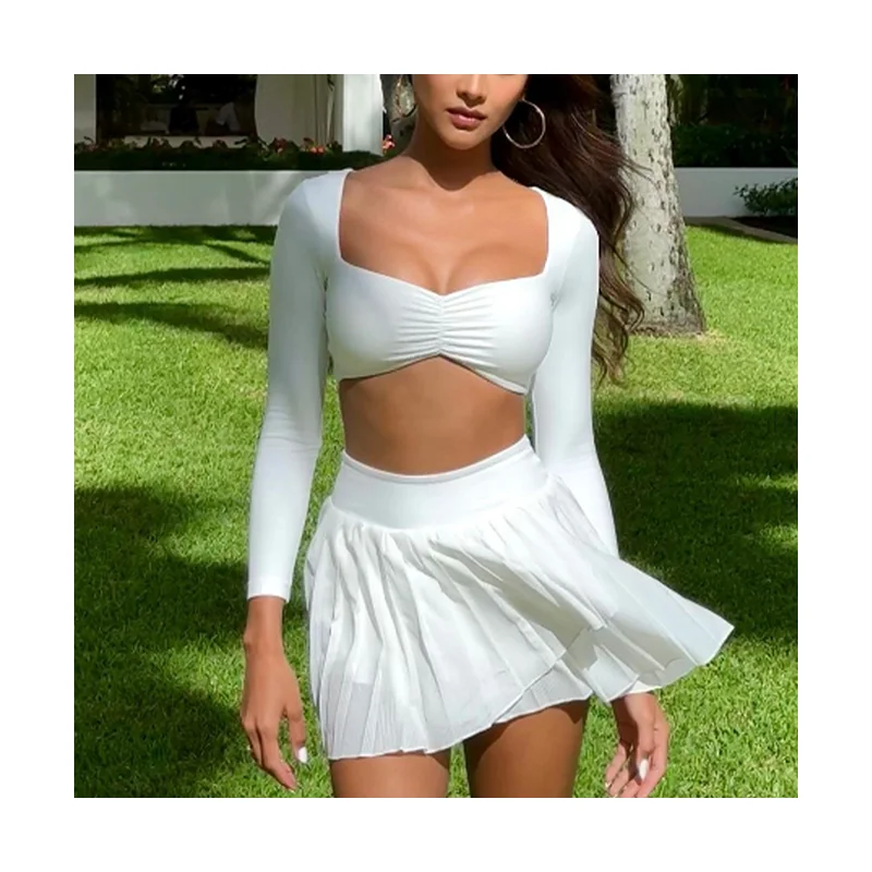 Tennis Skirts Set 2 Pieces Custom Logo Long Sleeve Ruched Bra With Elastic Waistband Pleated Chiffon Skirts Built-in Shorts