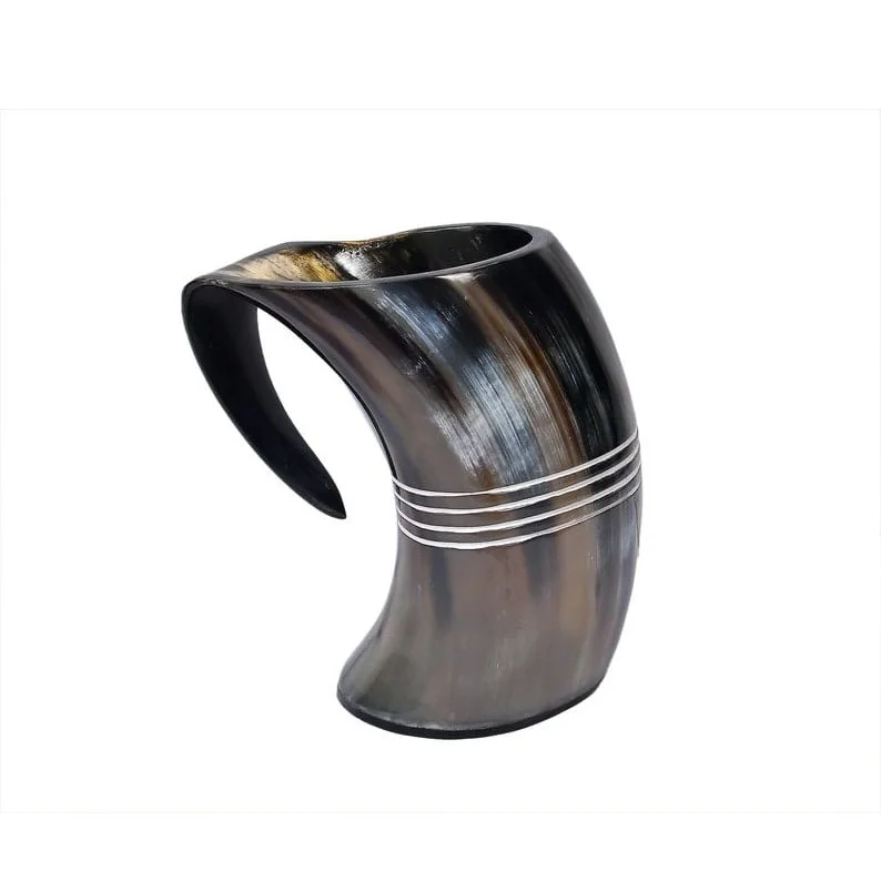 Antique customized good quality handcrafted natural drinking horn mug viking carving horn tankard curved mugs from India