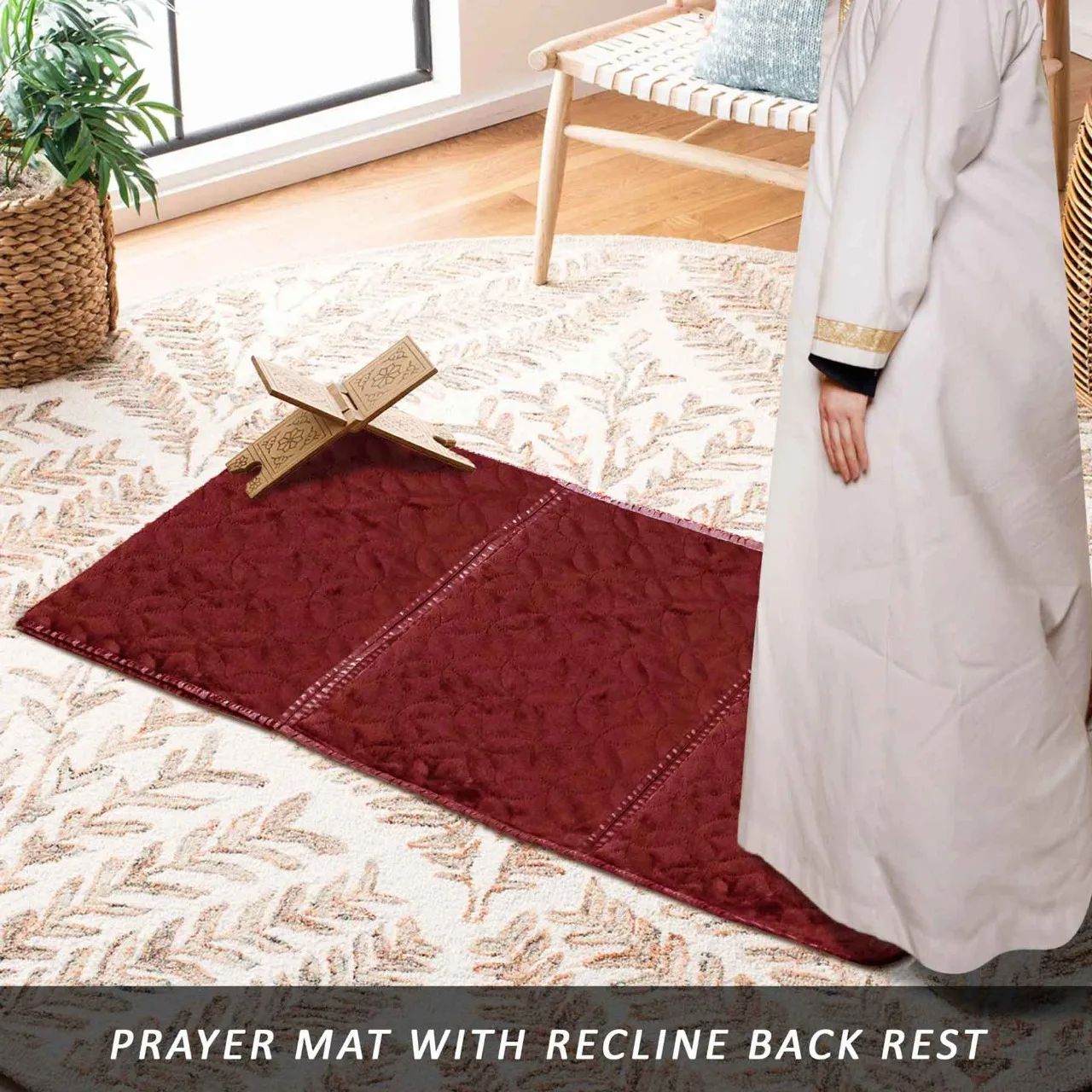 Soft Maroon Islamic Prayer Mat Foldable Polyester Muslim Rug for Living Room Take Back Rest for Prayer