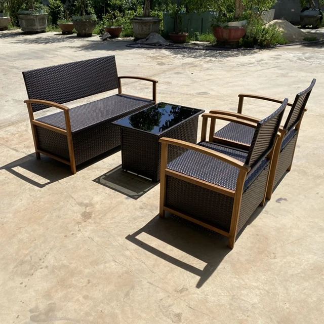 4 Piece Brown Outdoor Conversation Set PE Wicker and Acacia Wood Patio Furniture for Garden Sofa Use