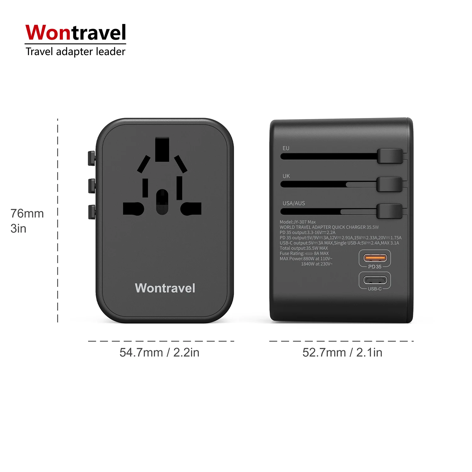 Wontravel Новый 35,5 Вт PD 3 USB Универсальный дорожный адаптер с несколькими разъемами адаптер для путешествий со всего мира Type C