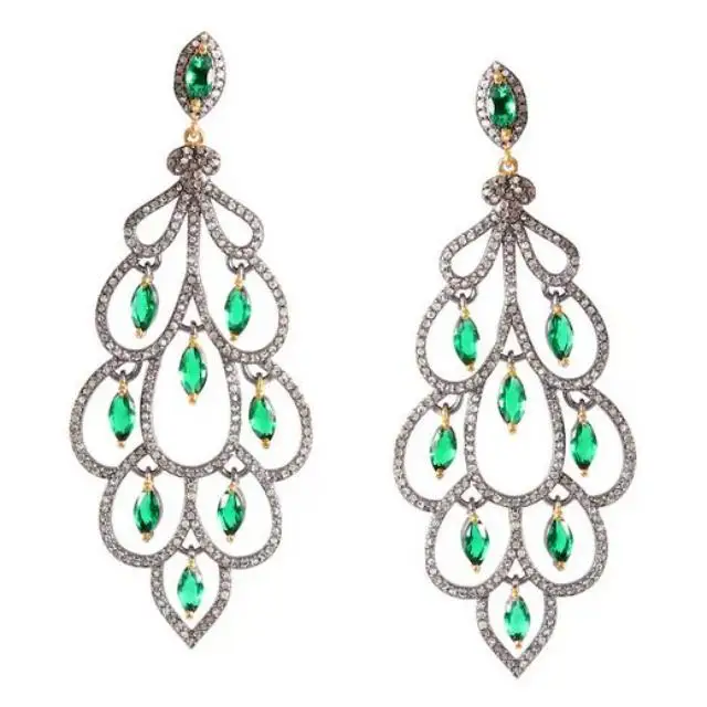 925 Sterling Silver Dangle Earring White Topaz Gemstone Vintage Jewelry Pave Setting Black Oxidized