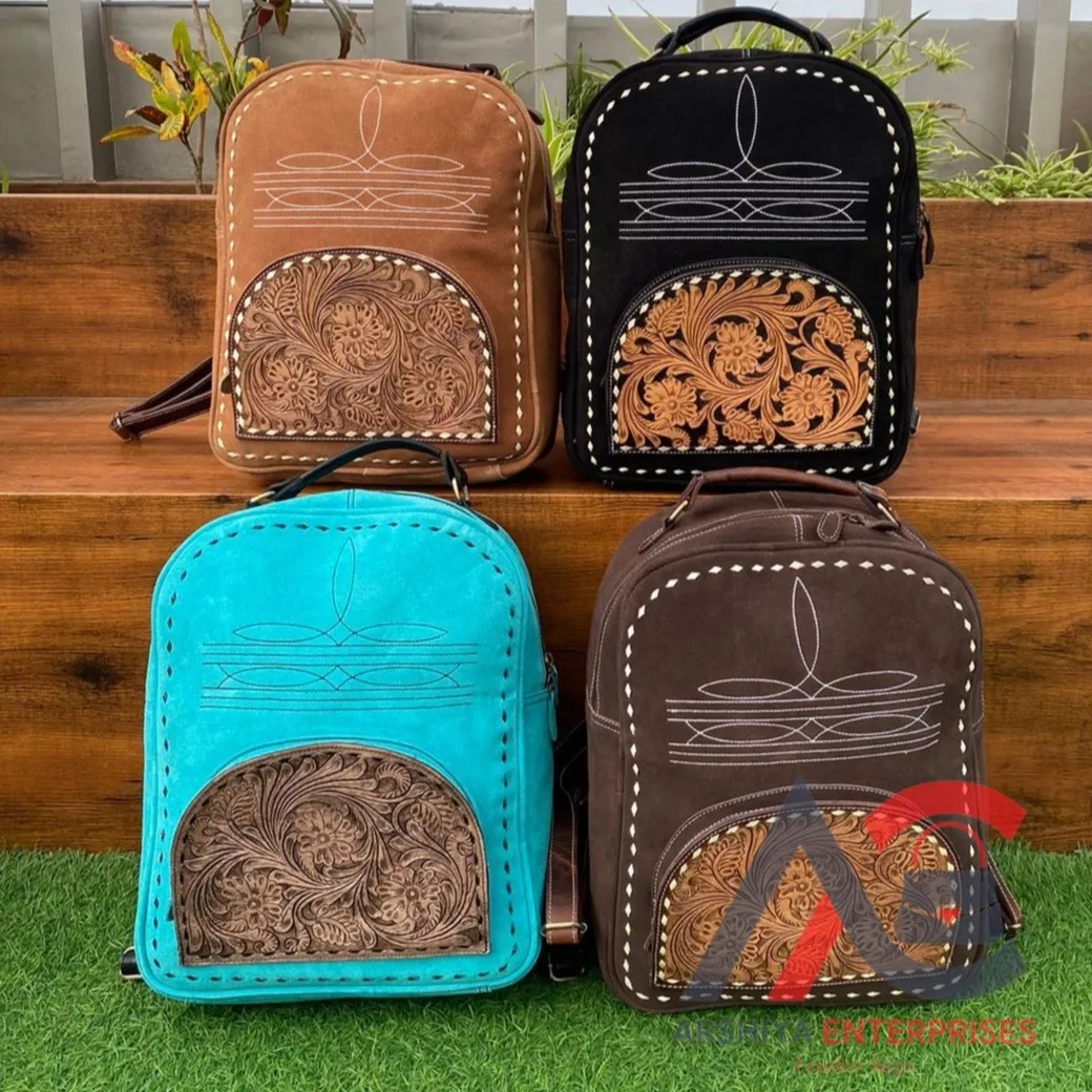 Custom Hand Tooled Small Western Backpack Genuine Cowhide Suede Leather with Vintage Boot Stitch Nylon Lining Customizable