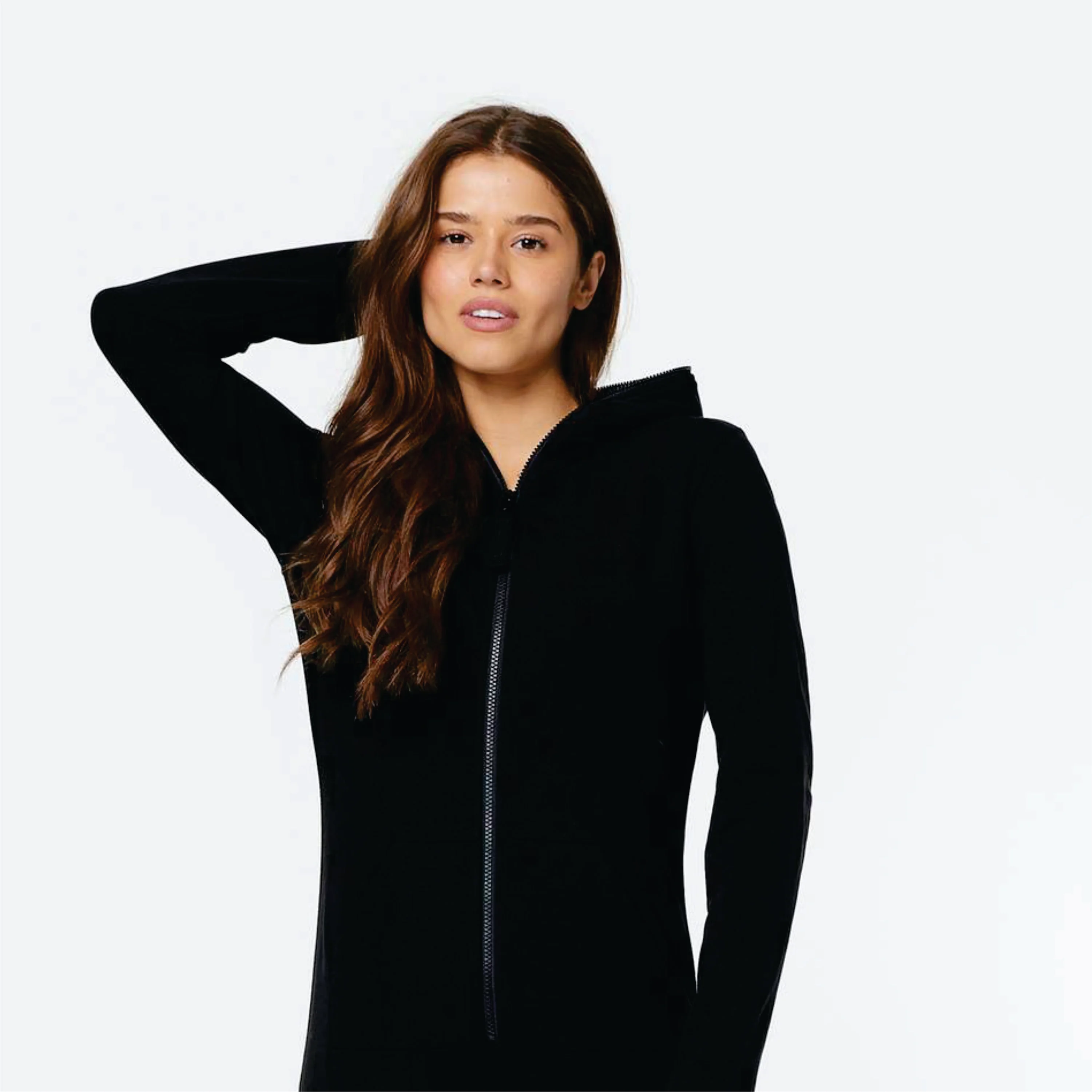 93% Cotton 7% Elastane One Way Zipper Opening Front Kangaroo Pocket Black Women Original Fitted Onesie Slim Jumpsuit