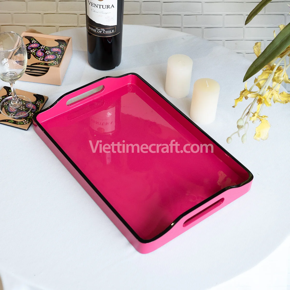 Cheap Price Pink Or Customized Color, Design Lacquer Tray With Handle, Wood Serving Tray, Basic Design With Unique Pattern