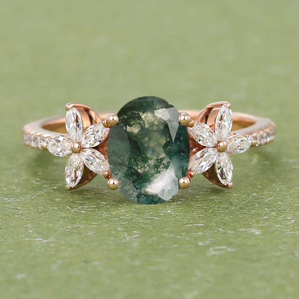 Certified Real Natural Moss Agate White Moissanite Studded 18K Rose Gold Diamond Solitaire Halo Ring at Factory Wholesale Price